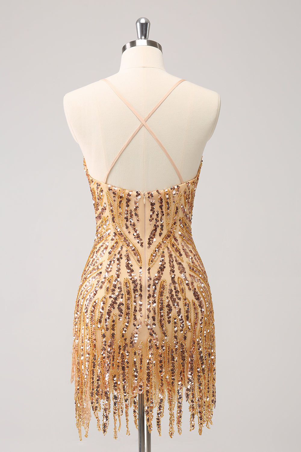 Sparkly Golden Spaghetti Straps Sequins Bodycon Short Homecoming Dress with Fringe