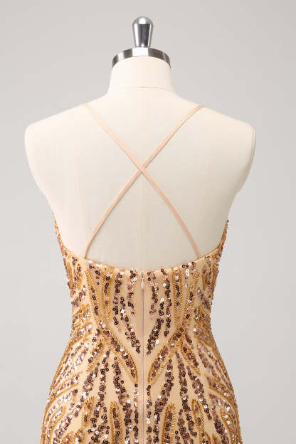 Sparkly Golden Spaghetti Straps Sequins Bodycon Short Homecoming Dress with Fringe