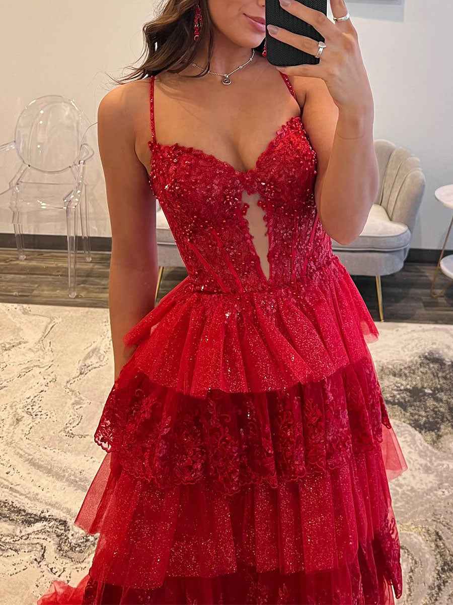 Sparkly Lace Embroidery Tiered Long Prom Dress with Slit