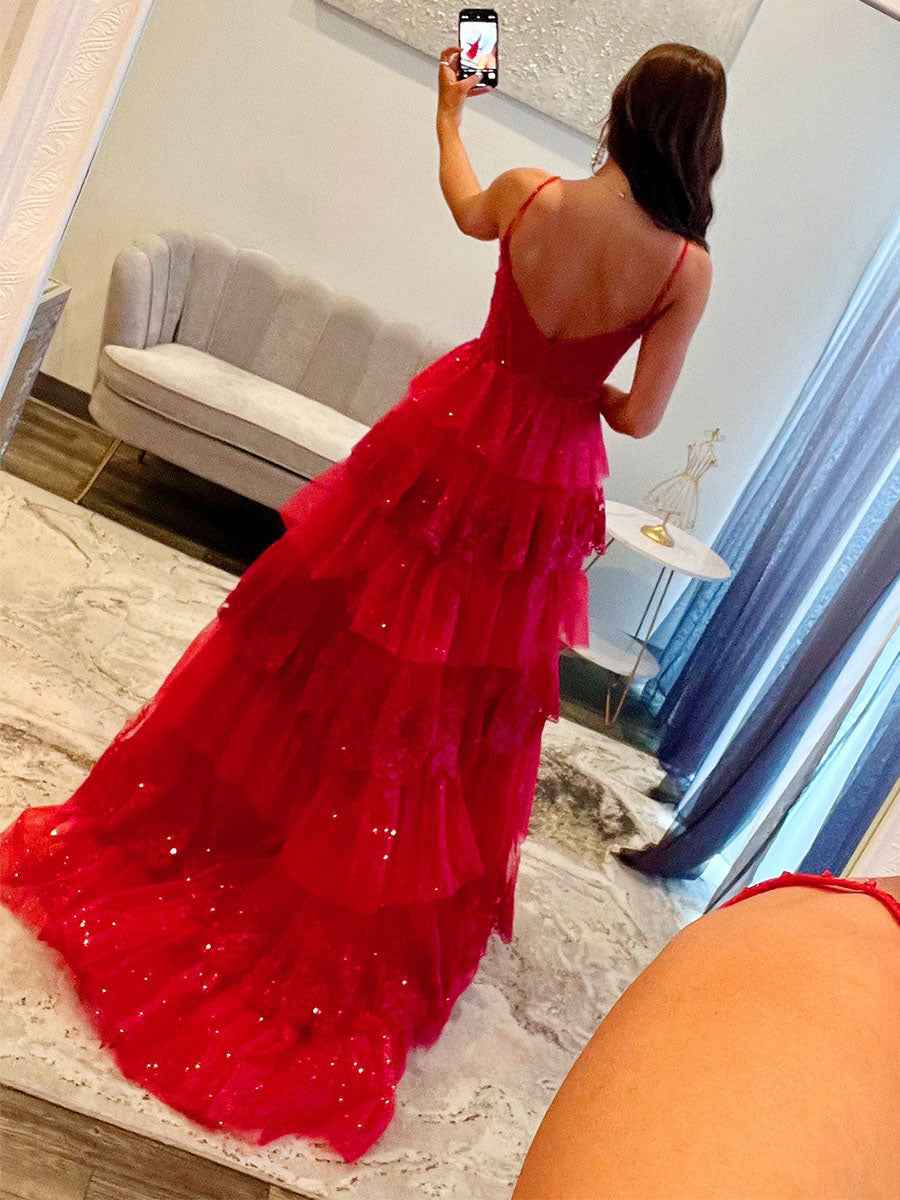 Sparkly Lace Embroidery Tiered Long Prom Dress with Slit