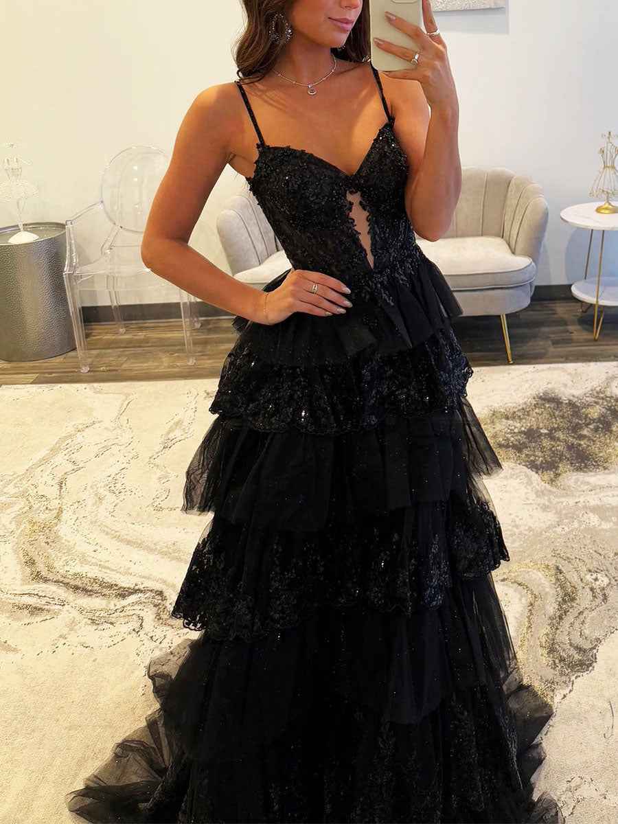 Sparkly Lace Embroidery Tiered Long Prom Dress with Slit