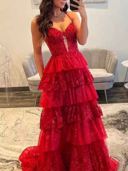 Sparkly Lace Embroidery Tiered Long Prom Dress with Slit