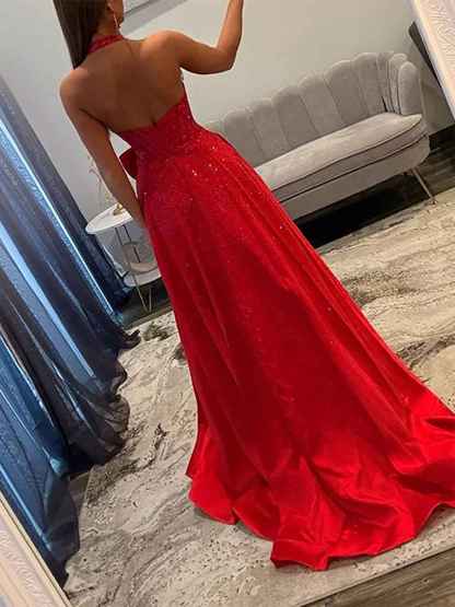 Sparkly Light Blue A-Line Corset Prom Dress with Statement Bow