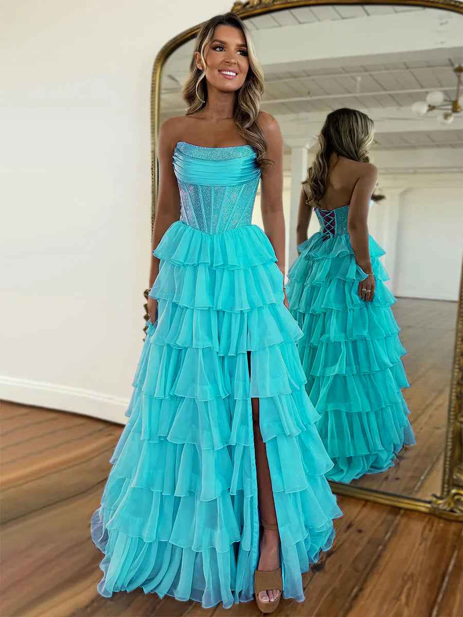 Sparkly Light Blue Strapless A-Line Long Tiered Prom Dress with Slit