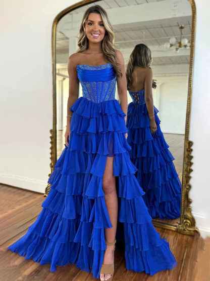 Sparkly Light Blue Strapless A-Line Long Tiered Prom Dress with Slit