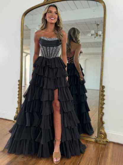 Sparkly Light Blue Strapless A-Line Long Tiered Prom Dress with Slit