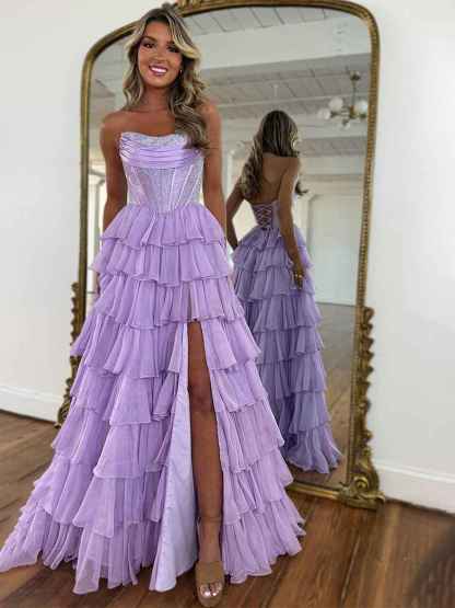 Sparkly Light Blue Strapless A-Line Long Tiered Prom Dress with Slit