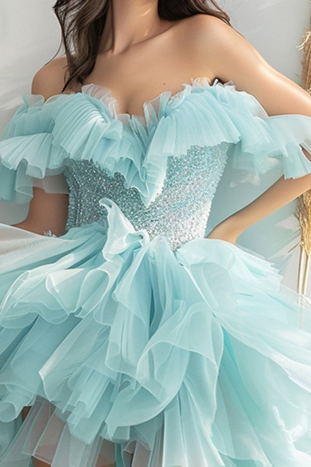Sparkly Light Green Tiered Organza High-Low Homecoming Dress with Ruffles