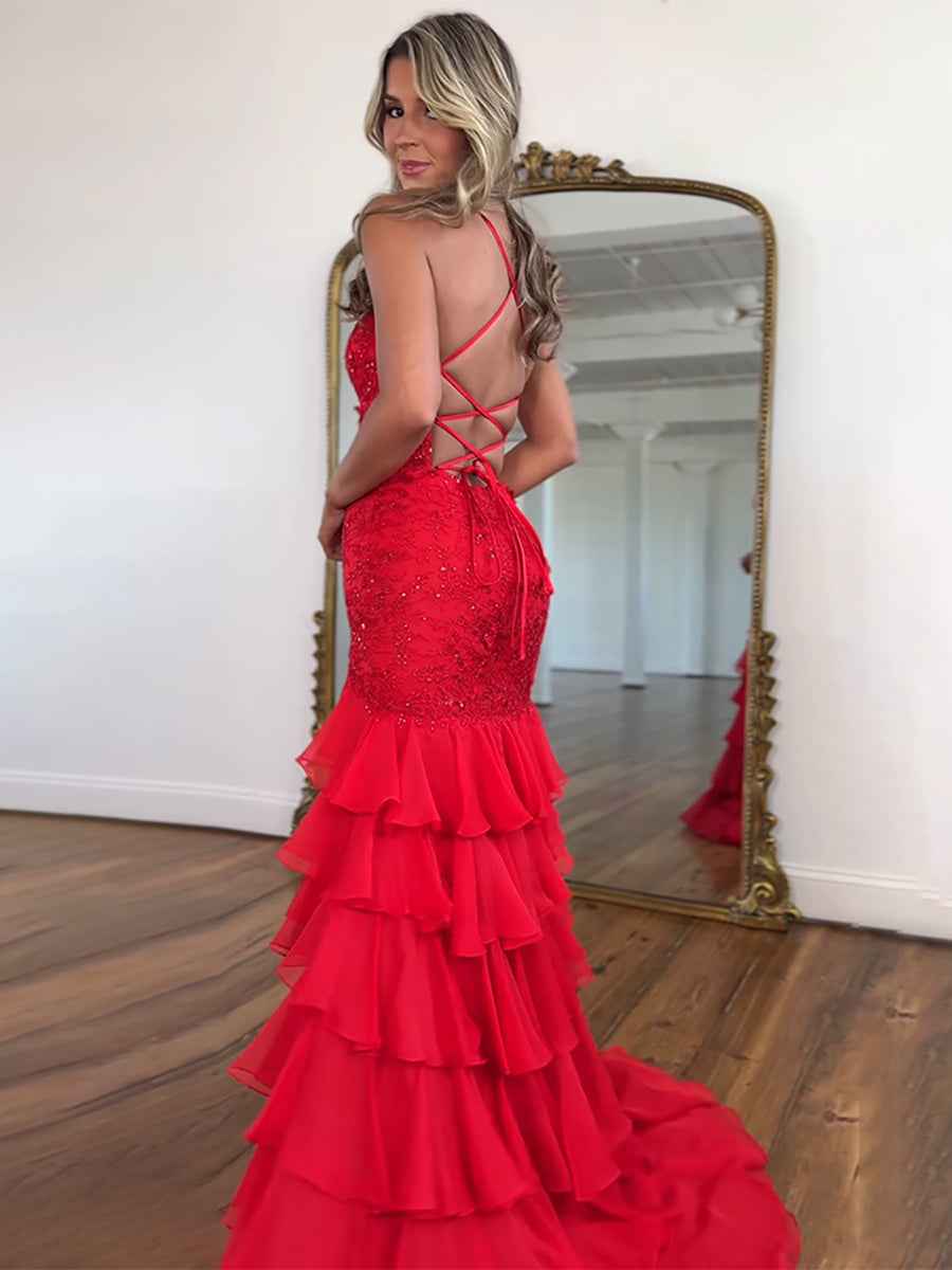 Sparkly Mermaid Spaghetti Straps Lace Prom Dress with Ruffle Skirt