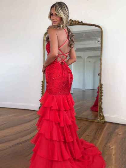 Sparkly Mermaid Spaghetti Straps Lace Prom Dress with Ruffle Skirt