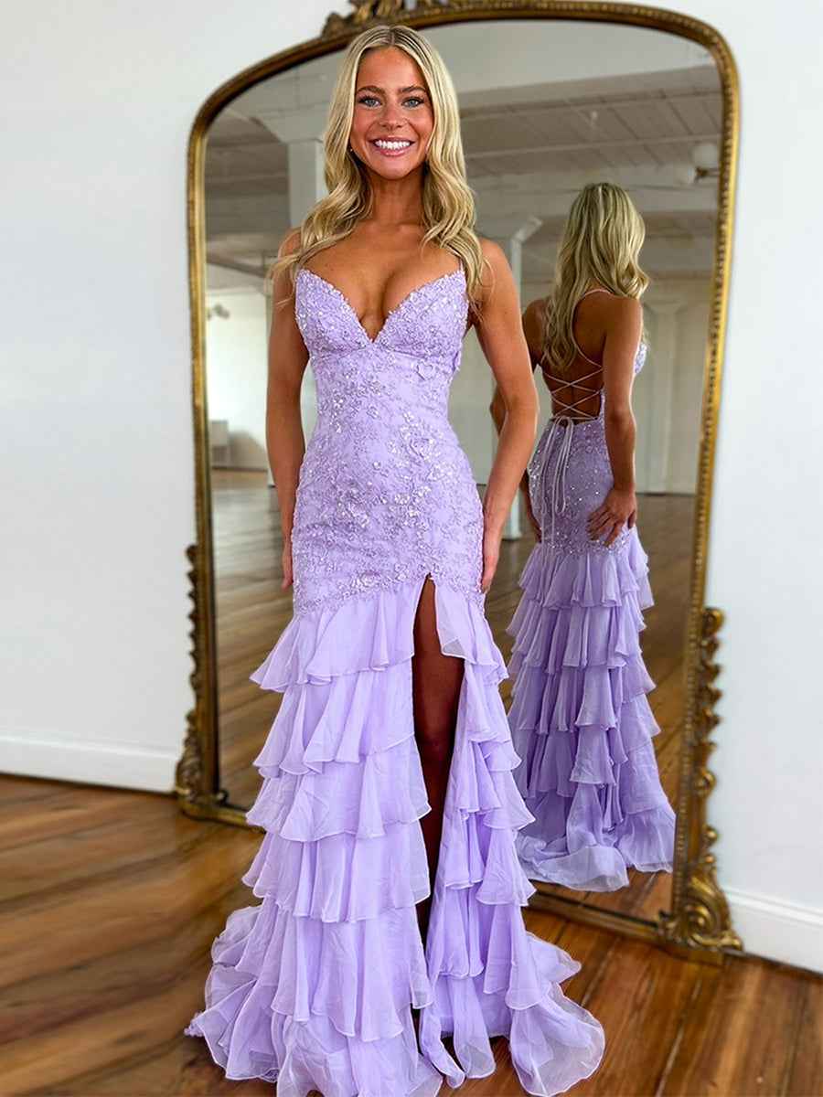Sparkly Mermaid Spaghetti Straps Lace Prom Dress with Ruffle Skirt