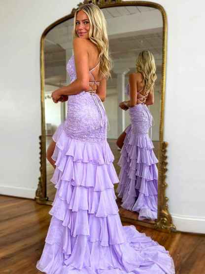 Sparkly Mermaid Spaghetti Straps Lace Prom Dress with Ruffle Skirt