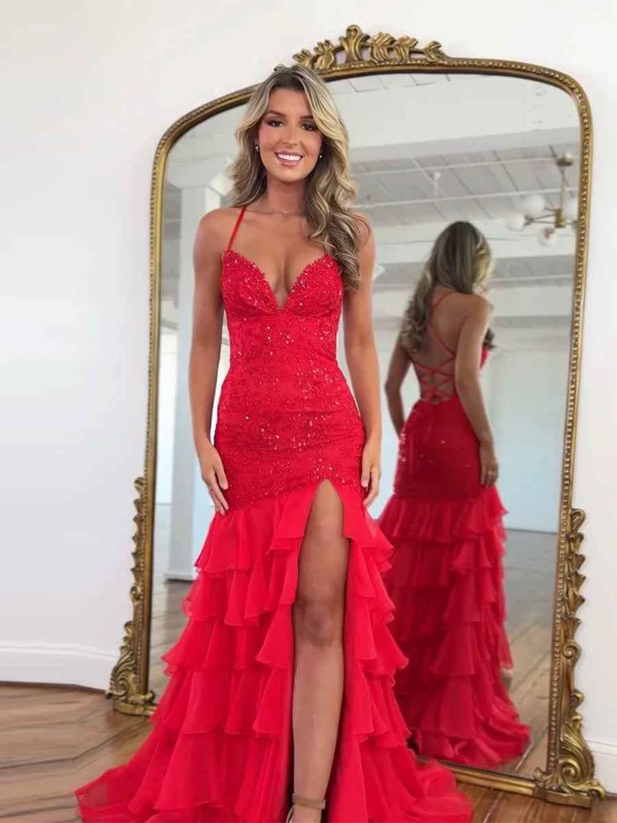 Sparkly Mermaid Spaghetti Straps Lace Prom Dress with Ruffle Skirt