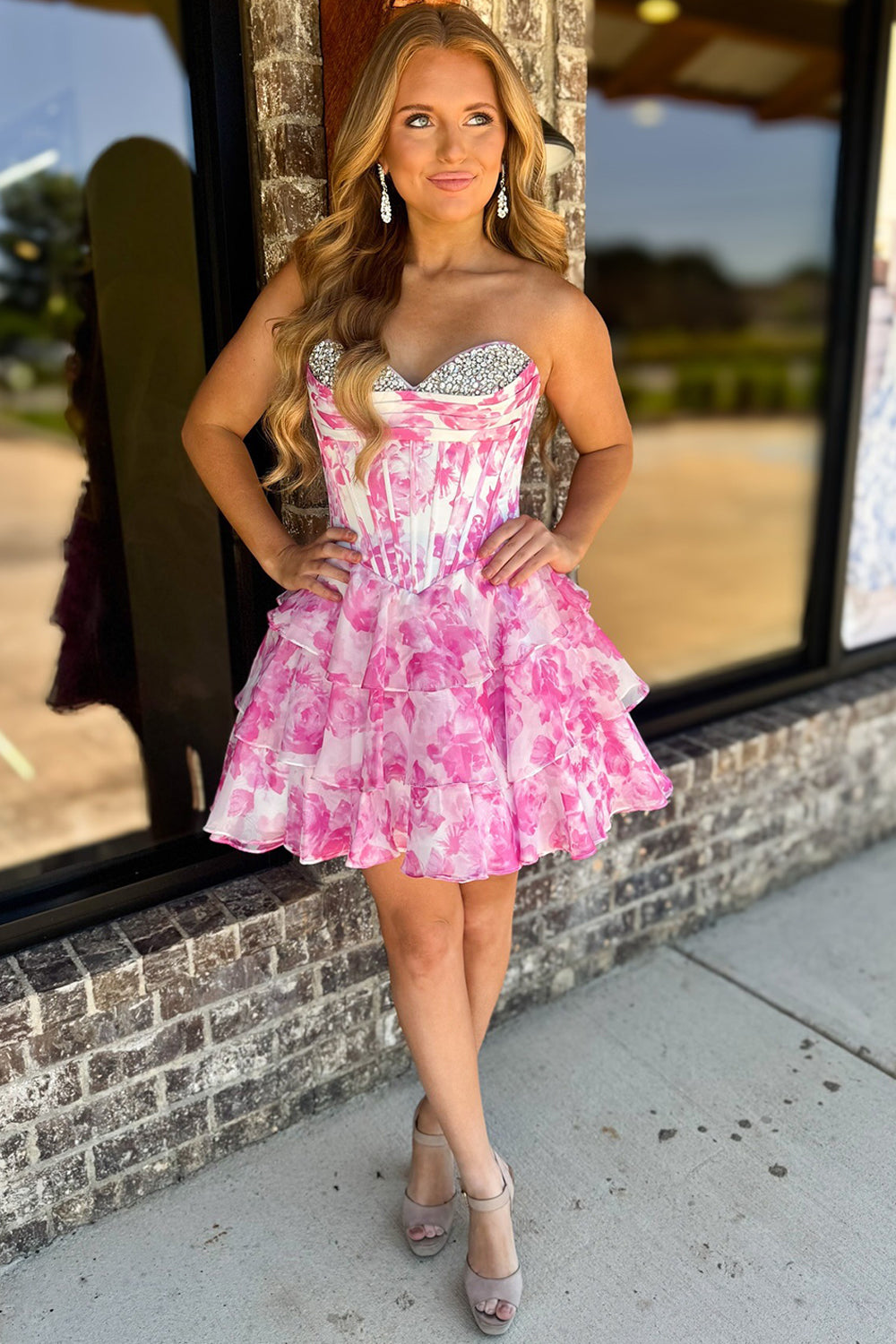 Sparkly Pink Corset A Line Short Floral Homecoming Dress with Beading