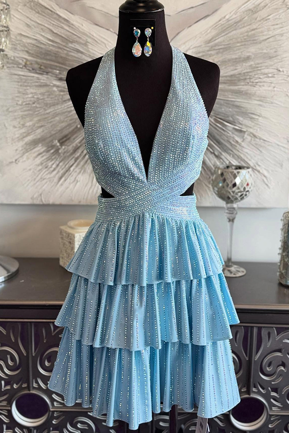 Sparkly Red A Line Tiered Halter Short Beaded Homecoming Dress with Ruffles