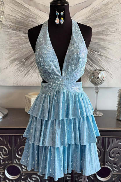 Sparkly Red A Line Tiered Halter Short Beaded Homecoming Dress with Ruffles