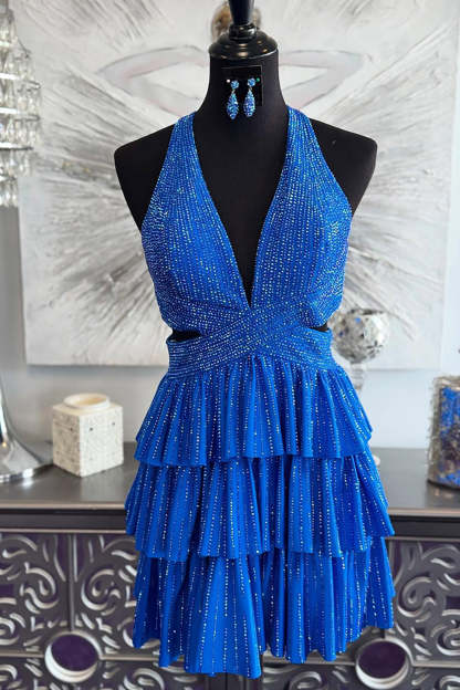 Sparkly Red A Line Tiered Halter Short Beaded Homecoming Dress with Ruffles