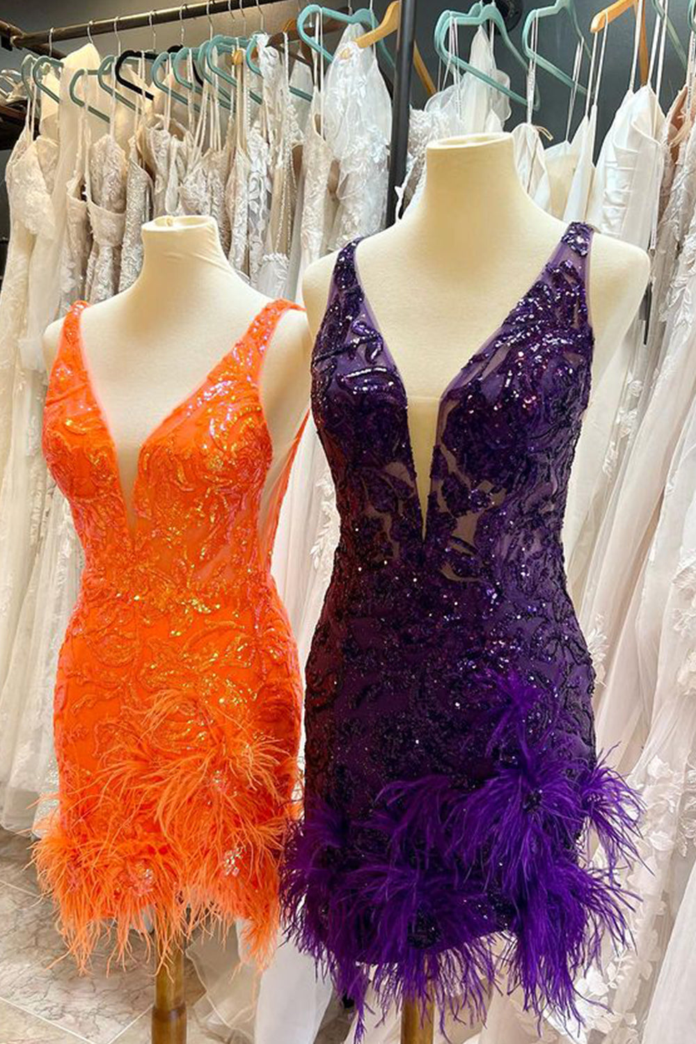 Sparkly Sheath Deep V Neck Orange Sequins Short Homecoming Dress with Feather