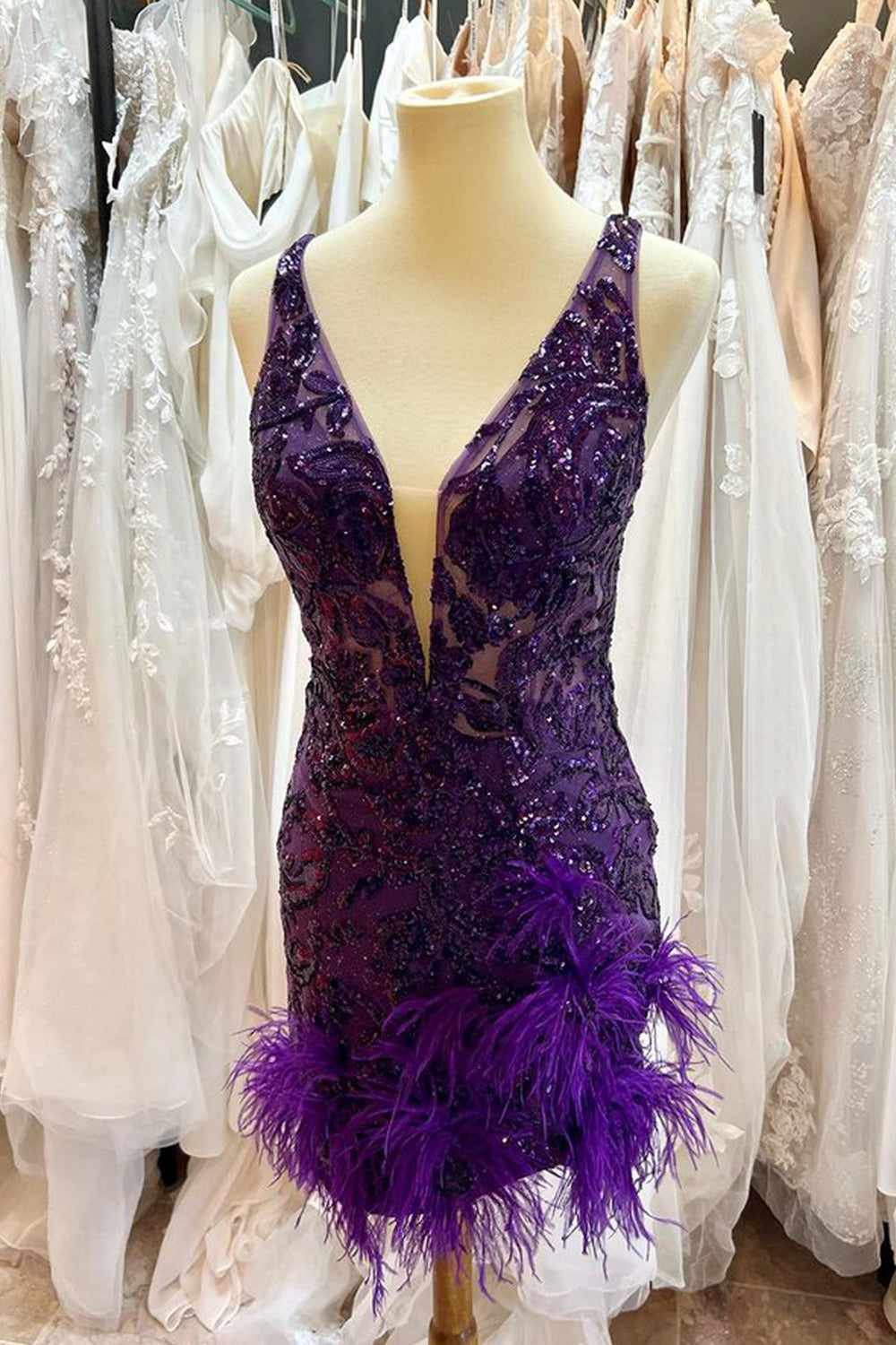 Sparkly Sheath Deep V Neck Purple Short Homecoming Dress with Feather