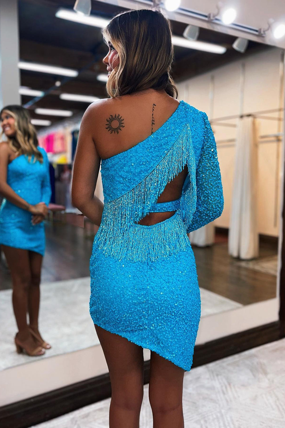Sparkly Sheath One Shoulder Sky Blue Sequins Short Homecoming Dress with Fringes