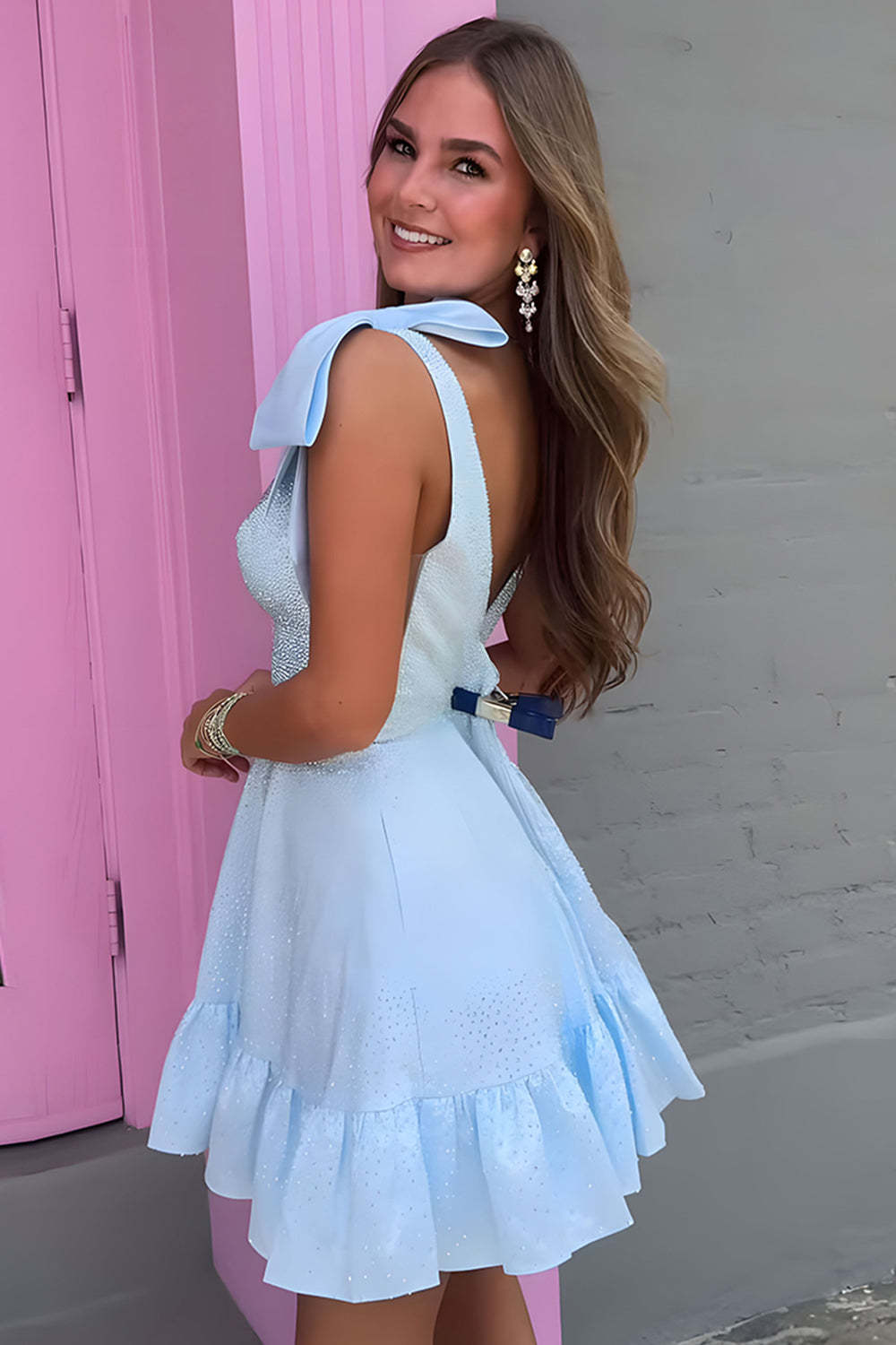Sparkly White A Line Ruffled Short Beaded Homecoming Dress with Bows
