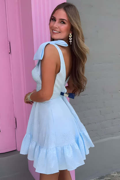 Sparkly White A Line Ruffled Short Beaded Homecoming Dress with Bows