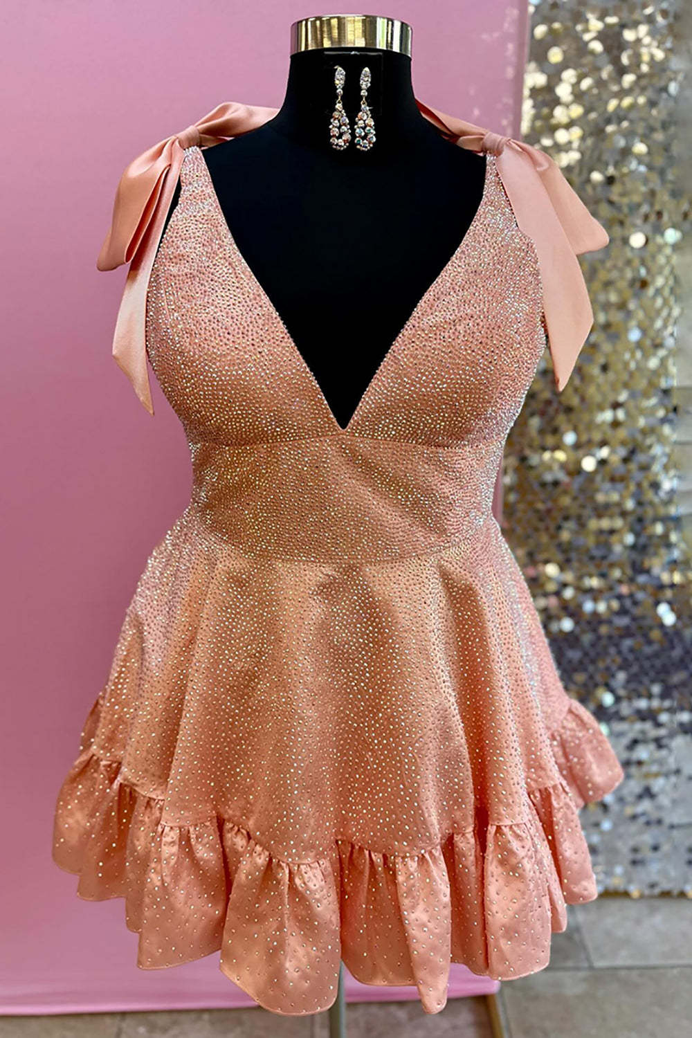 Sparkly White A Line Ruffled Short Beaded Homecoming Dress with Bows