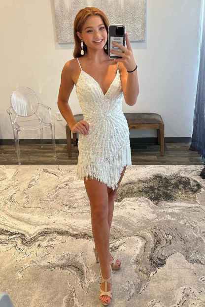 White Tight Spaghetti Straps Sequins Short Homecoming Dress with Tassel