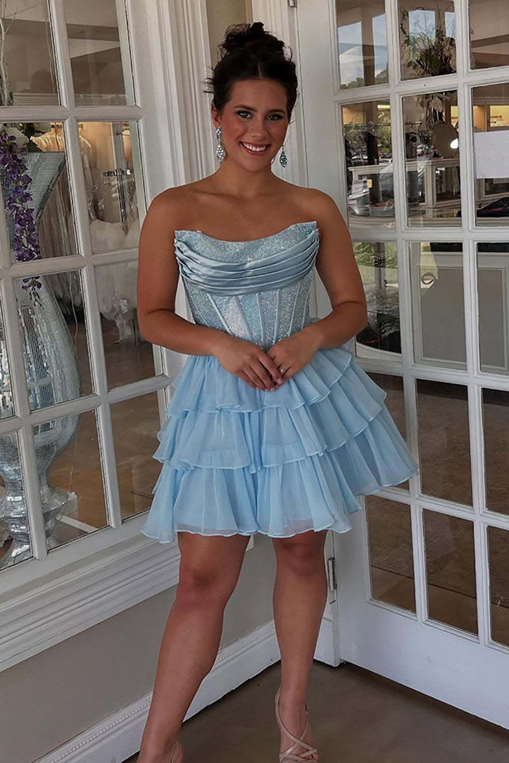 Sparkly Yellow A Line Strapless Beaded Short Corset Homecoming Dress with Ruffles