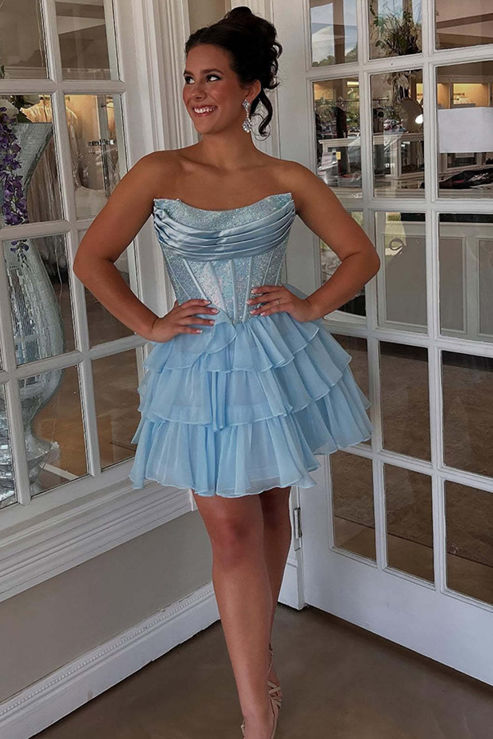 Sparkly Yellow A Line Strapless Beaded Short Corset Homecoming Dress with Ruffles