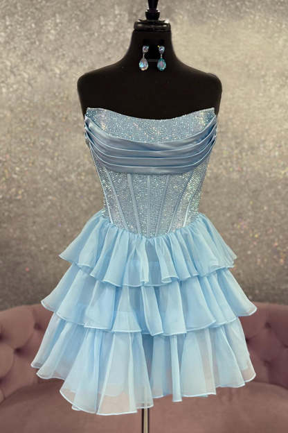 Sparkly Yellow A Line Strapless Beaded Short Corset Homecoming Dress with Ruffles