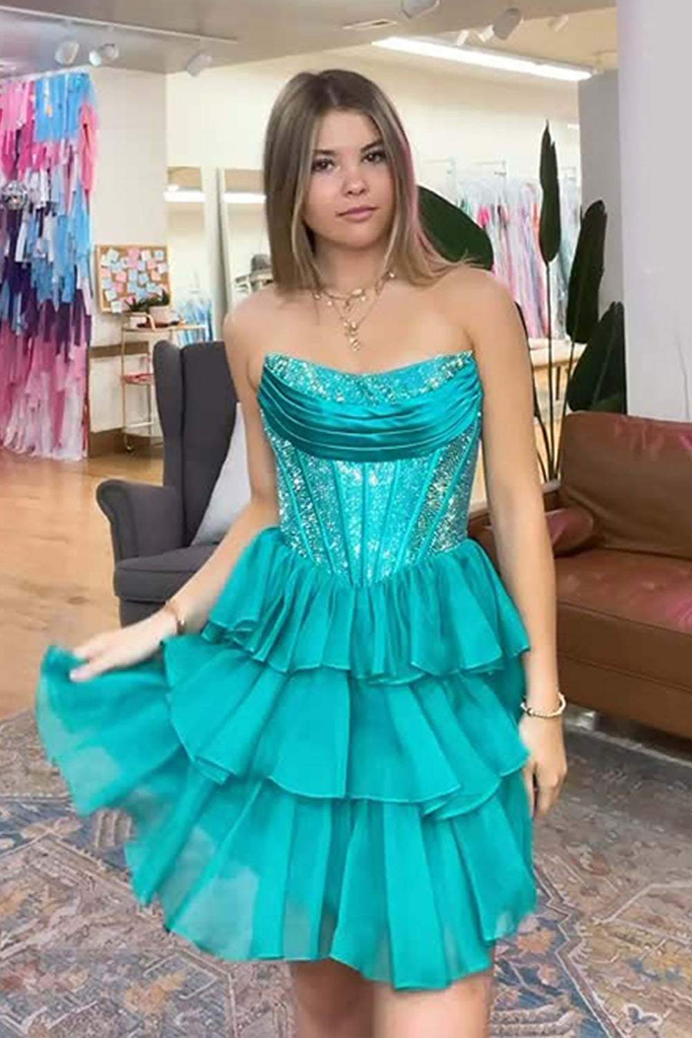 Sparkly Yellow A Line Strapless Beaded Short Corset Homecoming Dress with Ruffles