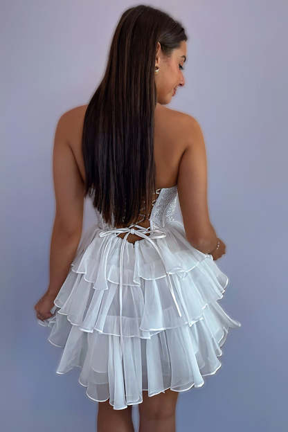 Sparkly Yellow A Line Strapless Beaded Short Corset Homecoming Dress with Ruffles
