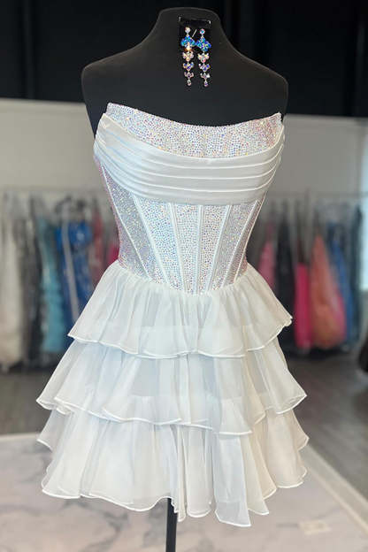 Sparkly Yellow A Line Strapless Beaded Short Corset Homecoming Dress with Ruffles