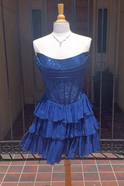 Sparkly Yellow A Line Strapless Beaded Short Corset Homecoming Dress with Ruffles