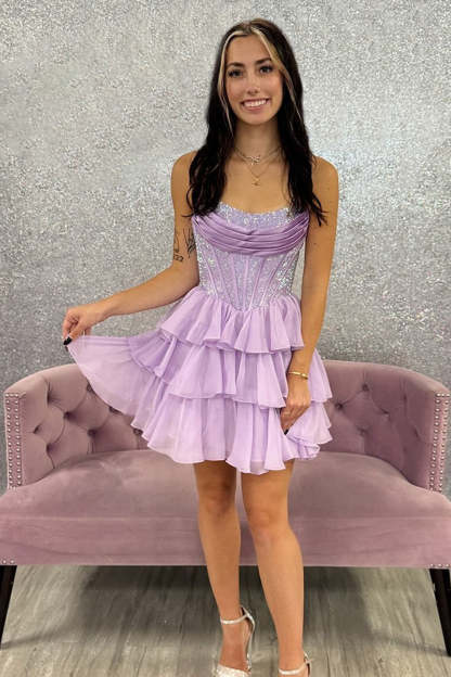 Sparkly Yellow A Line Strapless Beaded Short Corset Homecoming Dress with Ruffles