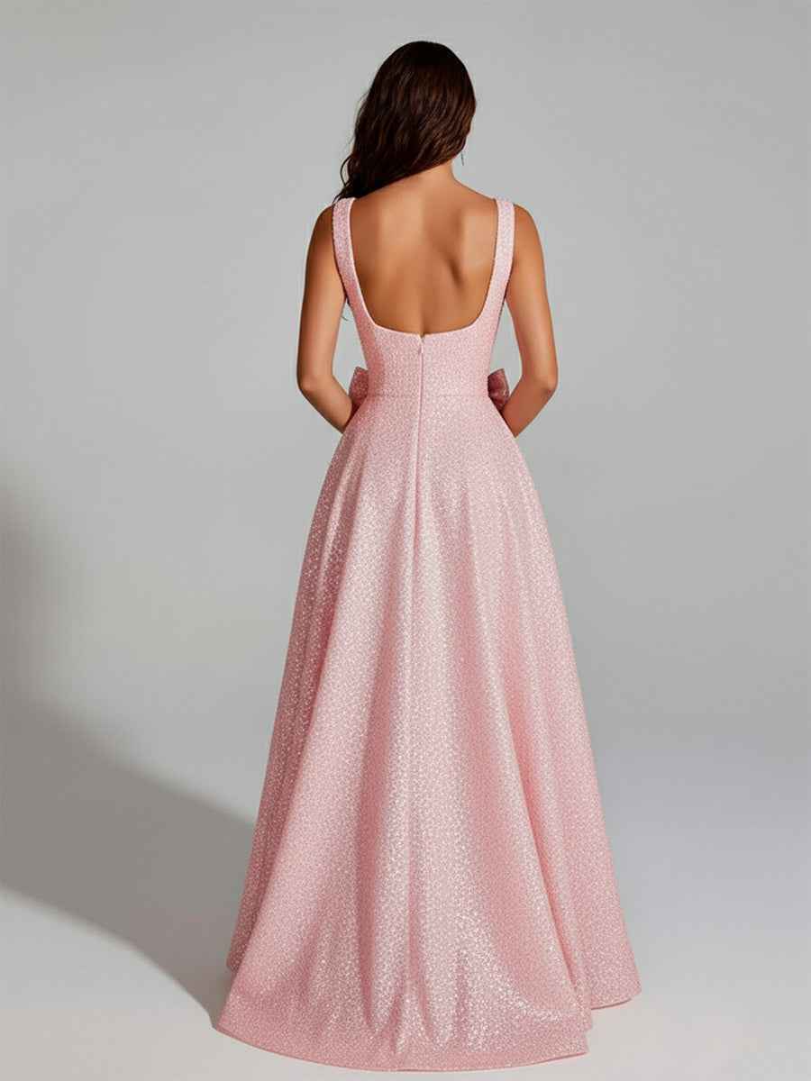 Sparkly A Line Square Neck Long Prom Dress