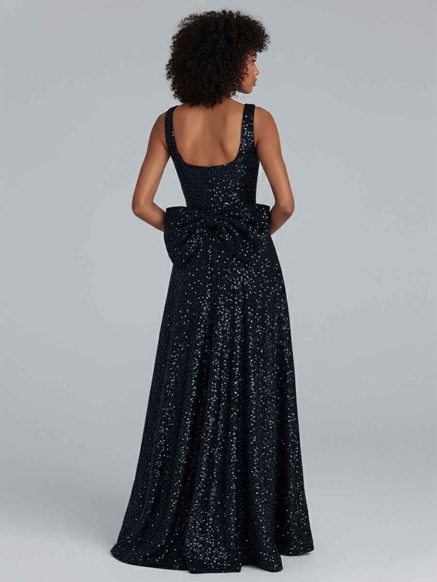 Sparkly A Line Square Neck Long Prom Dress with Bow