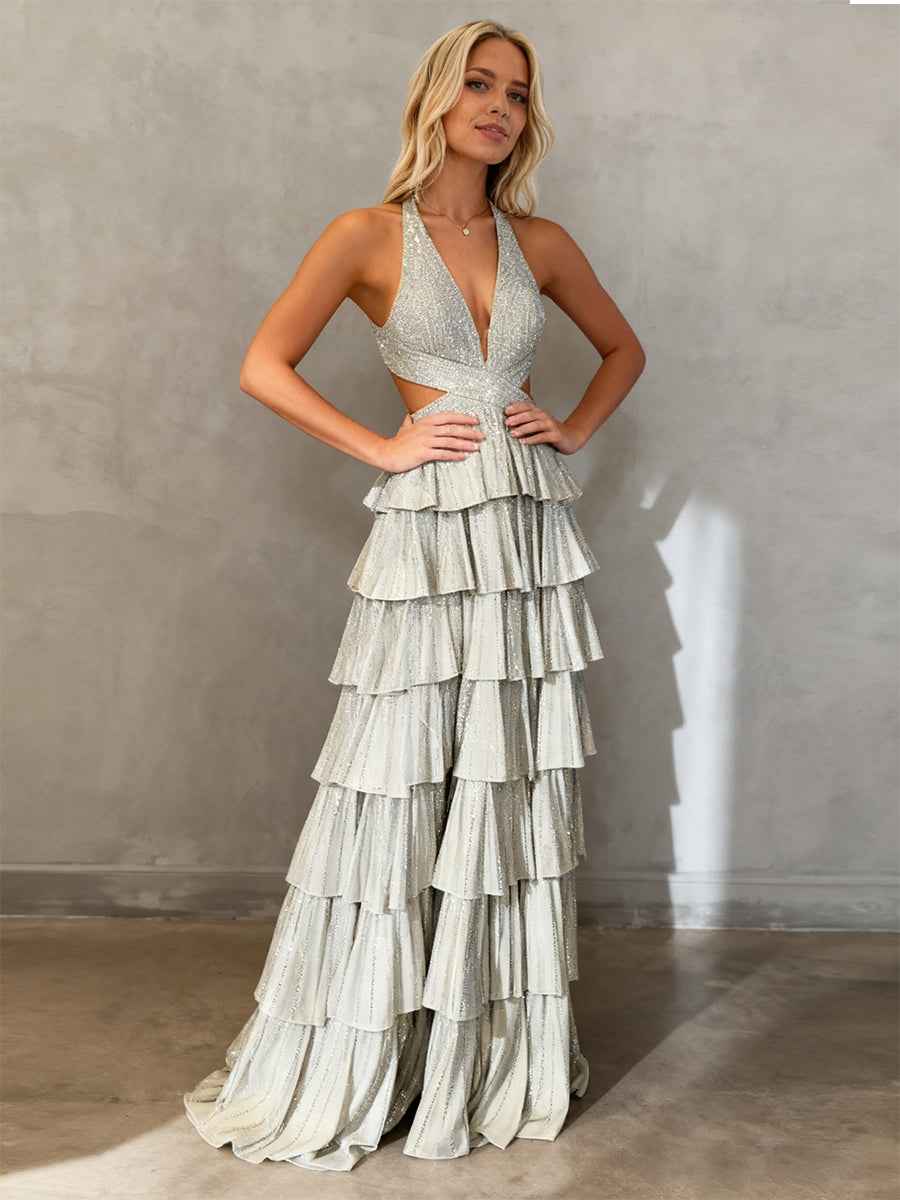 Sparkly A Line Tiered Beaded Corset Long Prom Dress with Slit