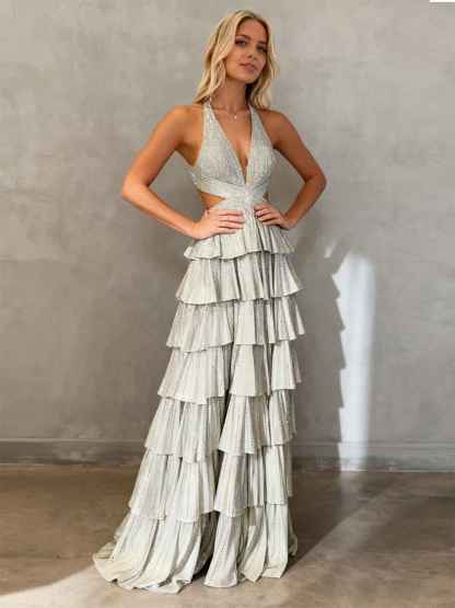 Sparkly A Line Tiered Beaded Corset Long Prom Dress with Slit