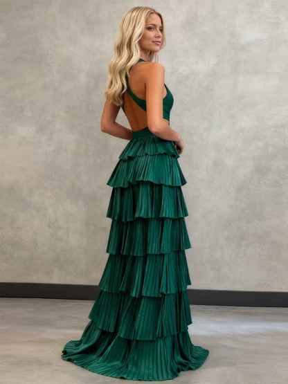 Sparkly A Line Tiered Beaded Corset Long Prom Dress with Slit