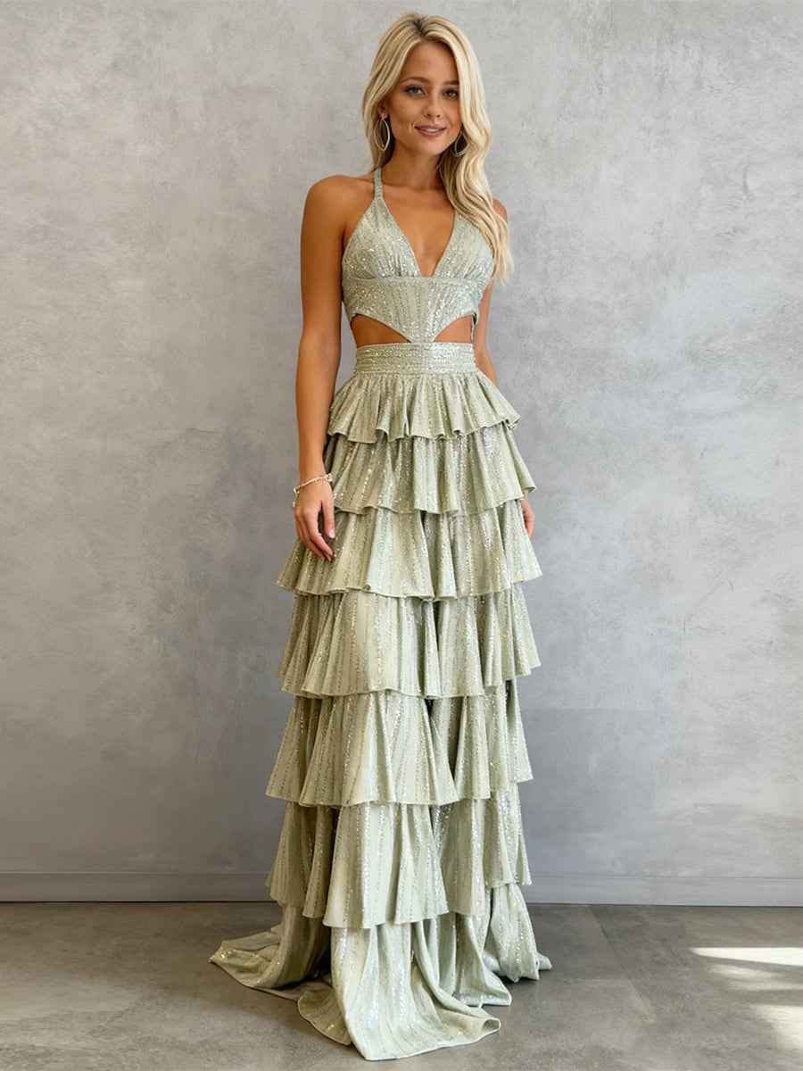 Sparkly A Line Tiered Beaded Corset Long Prom Dress with Slit