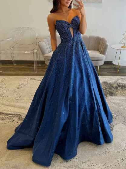 Sparkly Beaded Strapless Long Corset Prom Dress with Bow