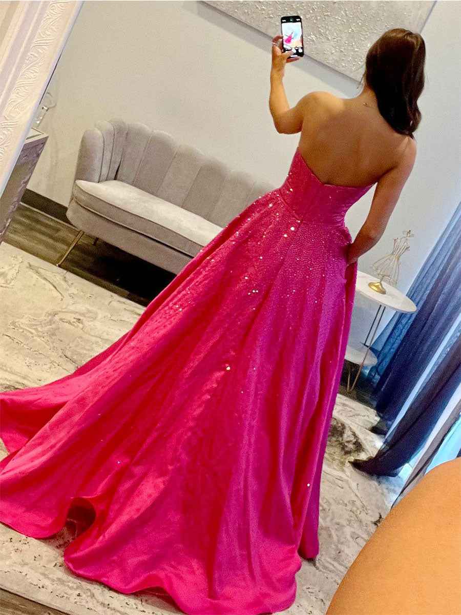 Sparkly Beaded Strapless Long Corset Prom Dress with Bow