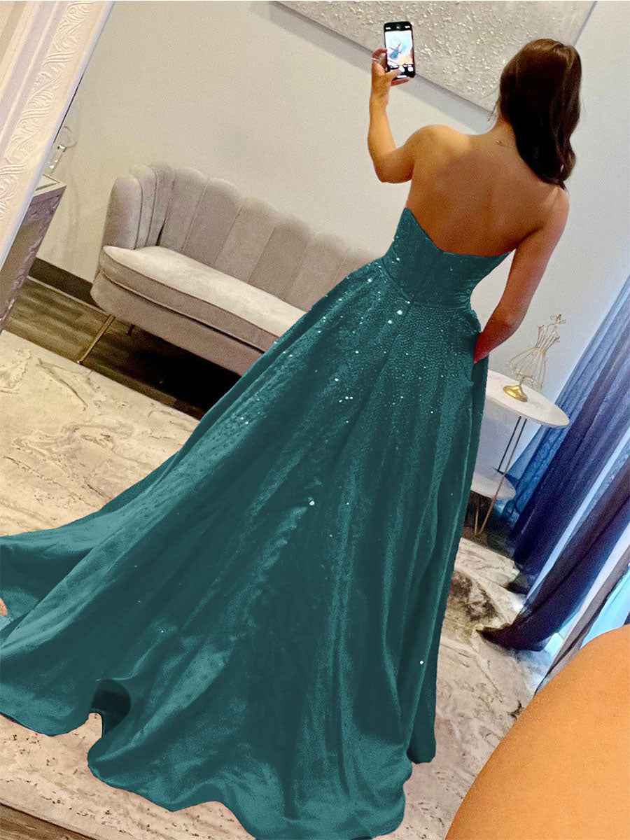 Sparkly Beaded Strapless Long Corset Prom Dress with Bow