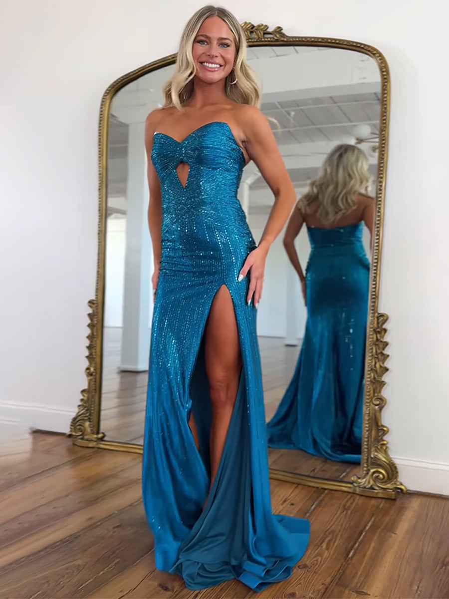 Sparkly Sweetheart Mermaid Beaded Keyhole Long Prom Dress with Slit