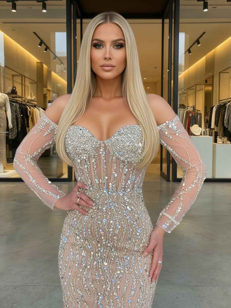 Sparkly Champagne Mermaid Off the Shoulder Corset Long Prom Dress