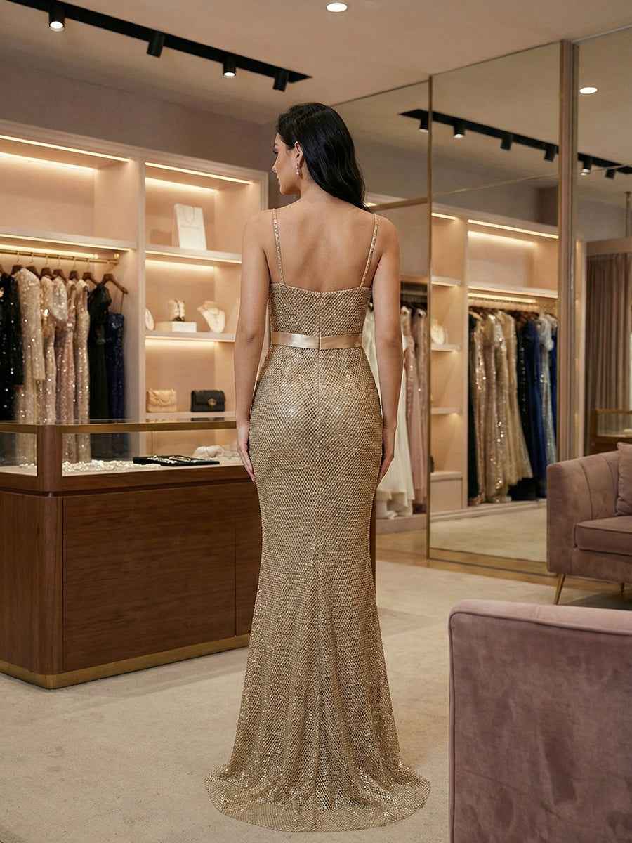 Sparkly Champagne Spaghetti Straps Prom Dress with Statement Bow
