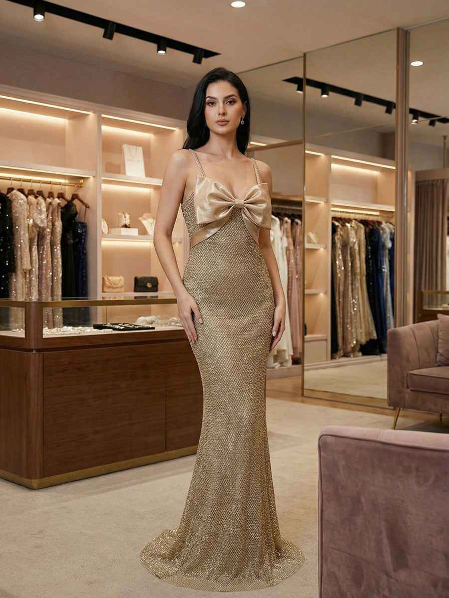 Sparkly Champagne Spaghetti Straps Prom Dress with Statement Bow