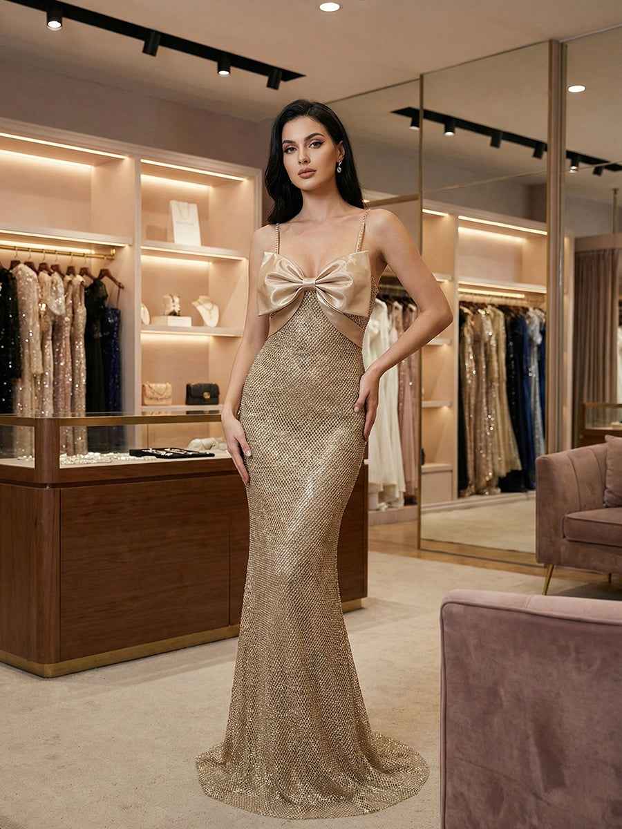 Sparkly Champagne Spaghetti Straps Prom Dress with Statement Bow